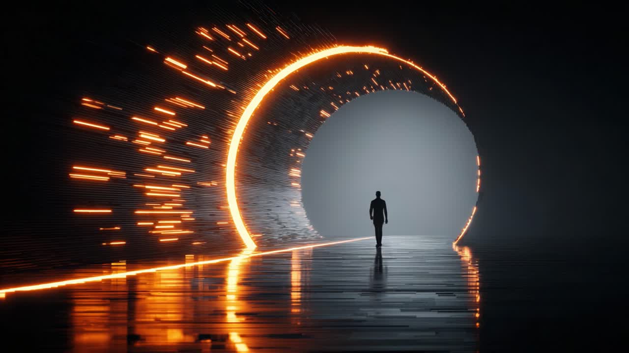 A Mysterious Figure Approaches a Light Portal, Symbolizing Transition and Exploration Through a Glowing Tunnel of Energy and Motion