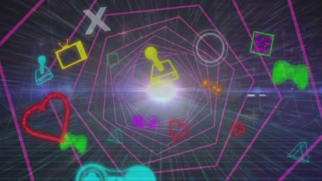 animación de iconos de aplicaciones informáticas sobre túneles hexágonos contra las llamaradas de la lente en el fondo