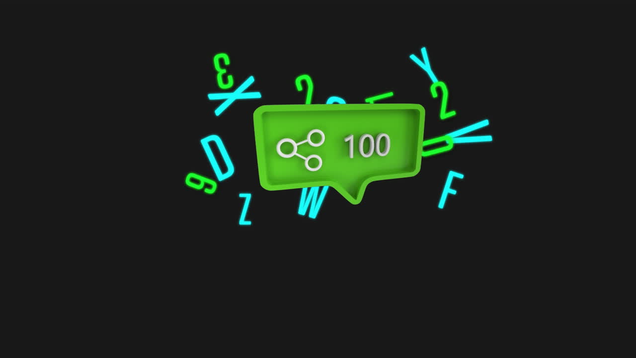 анимация возрастающего числа акций над цифрами и буквами на черном фоне