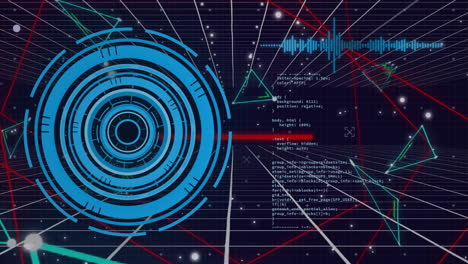 Animation-Aus-Verbundenen-Punktdreiecken,-Ladekreisen-Und-Computersprache-Auf-Schwarzem-Hintergrund