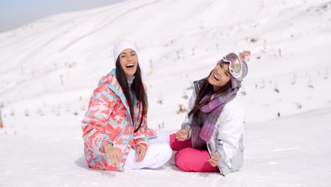 laughing vivacious young women in snow