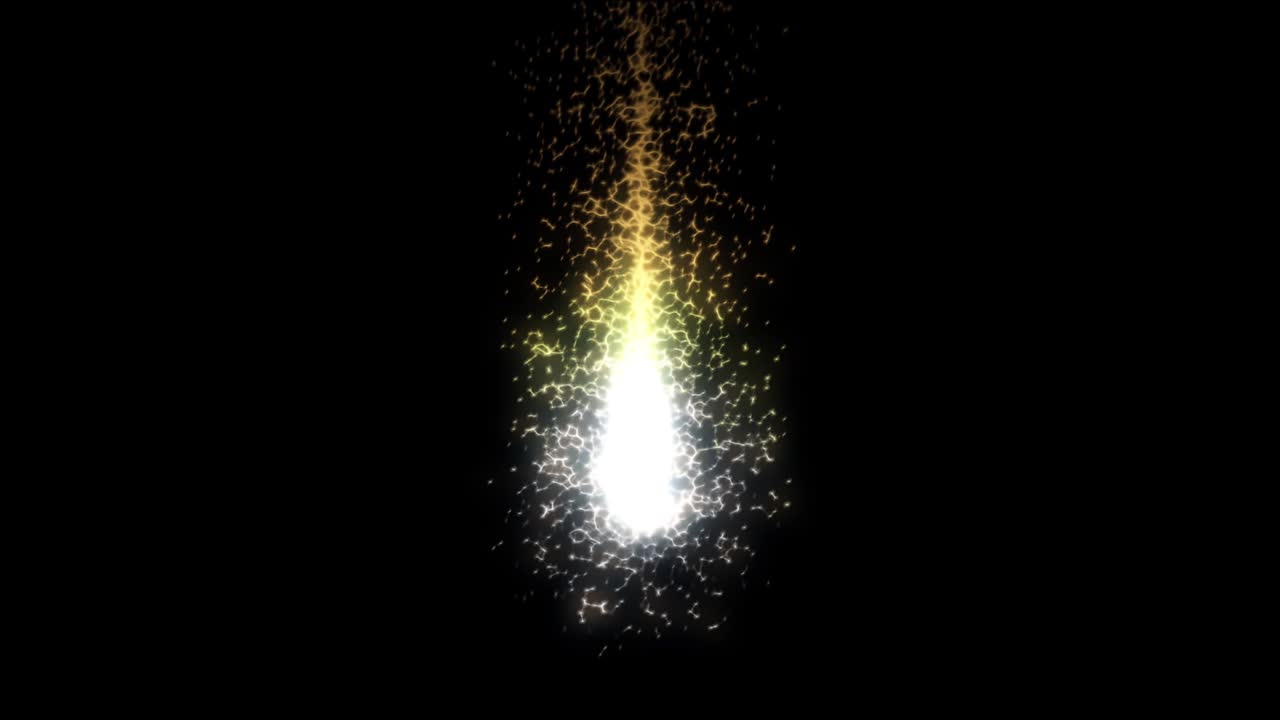 검은색 바탕에 노란색과 색의 에너지가 흐르는 아름다운 추상적인 조각, 애니메이션, 어 속에서 움직이는 방울의 형태로 빛나는 빛, 끊임없는 루프.