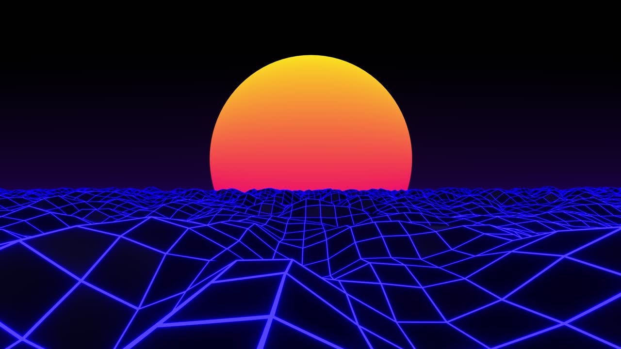 3D wireframe water waves sunset
