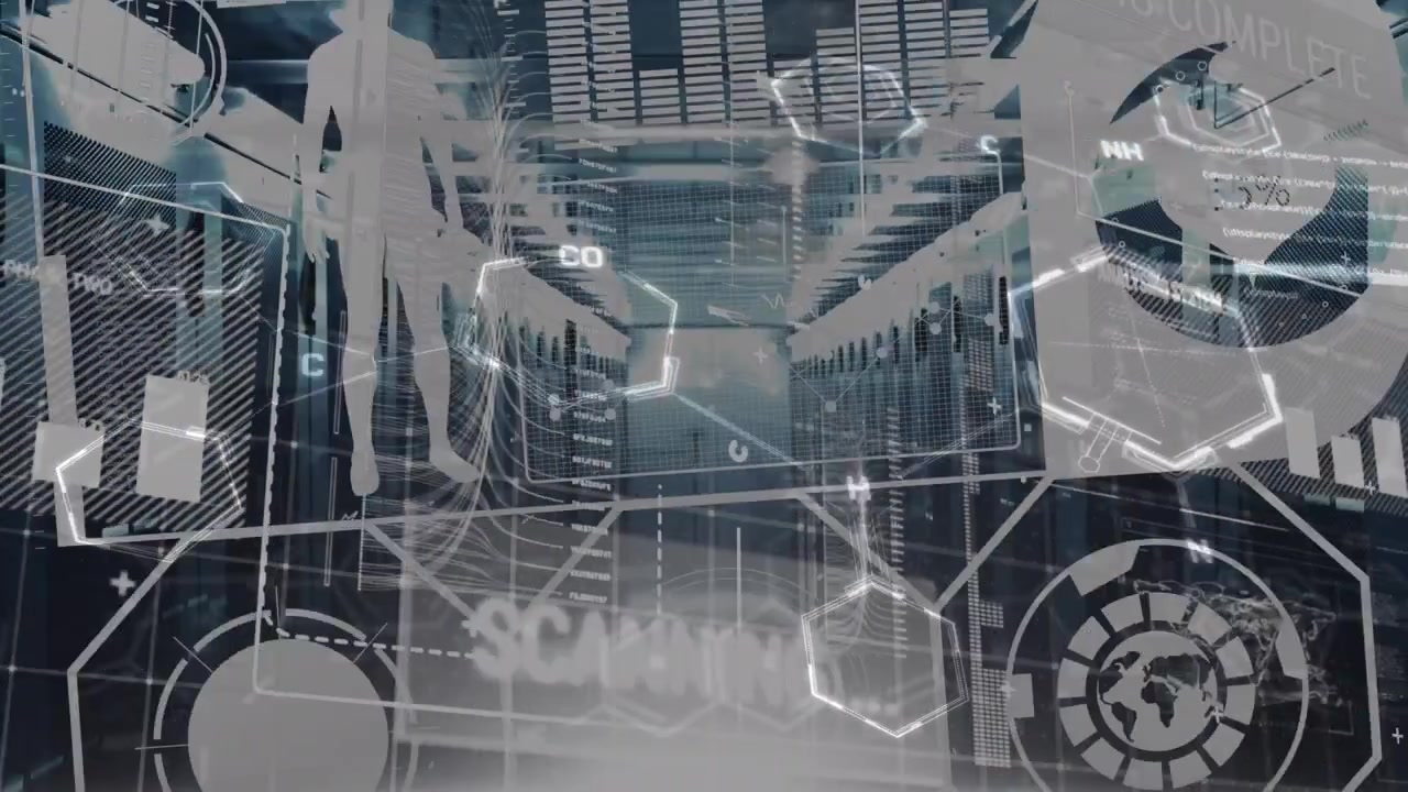 Animation of data processing and network of connections over server room