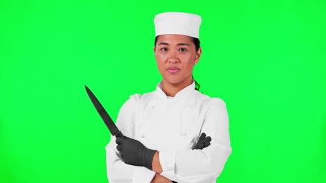 retrato, mujer y chef retrato con un cuchillo