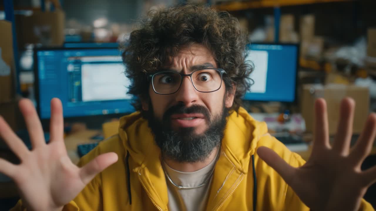 A startled man in a yellow jacket with curly hair and glasses, expressing shock and fear in a warehouse setting, conveys an emotional reaction to unexpected news or situation