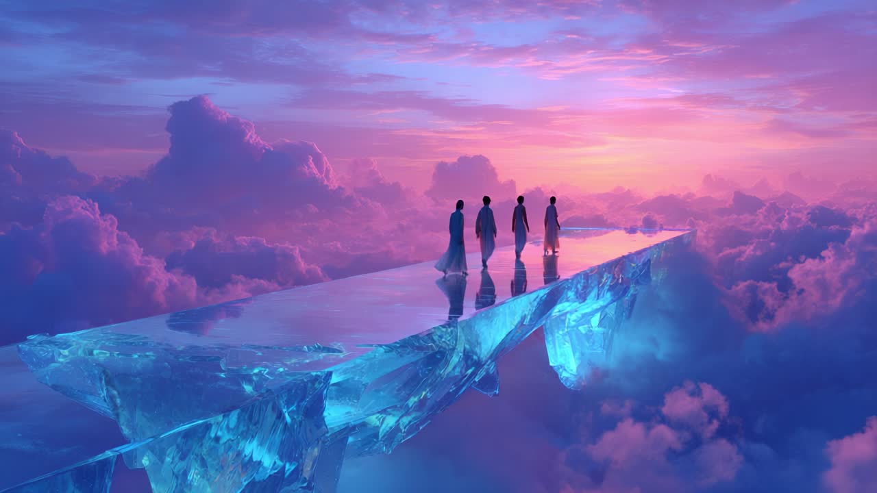 A group of people walking on an ice bridge in the sky at sunset