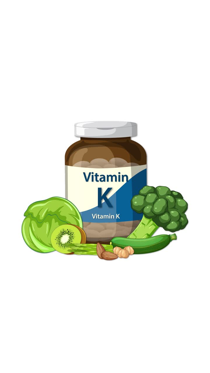 Una bottiglia di Vitamina K appare con cavolo, broccoli, zucchine, kiwi e frutta secca su sfondo bianco.