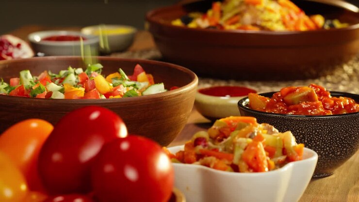 Cucina marocchina. Tajine, piatto tradizionale a base di agnello e melanzane, insalata di verdure. Cultura mediorientale. Couscous con montone in primo piano, riso delizioso. Cibo fatto in casa