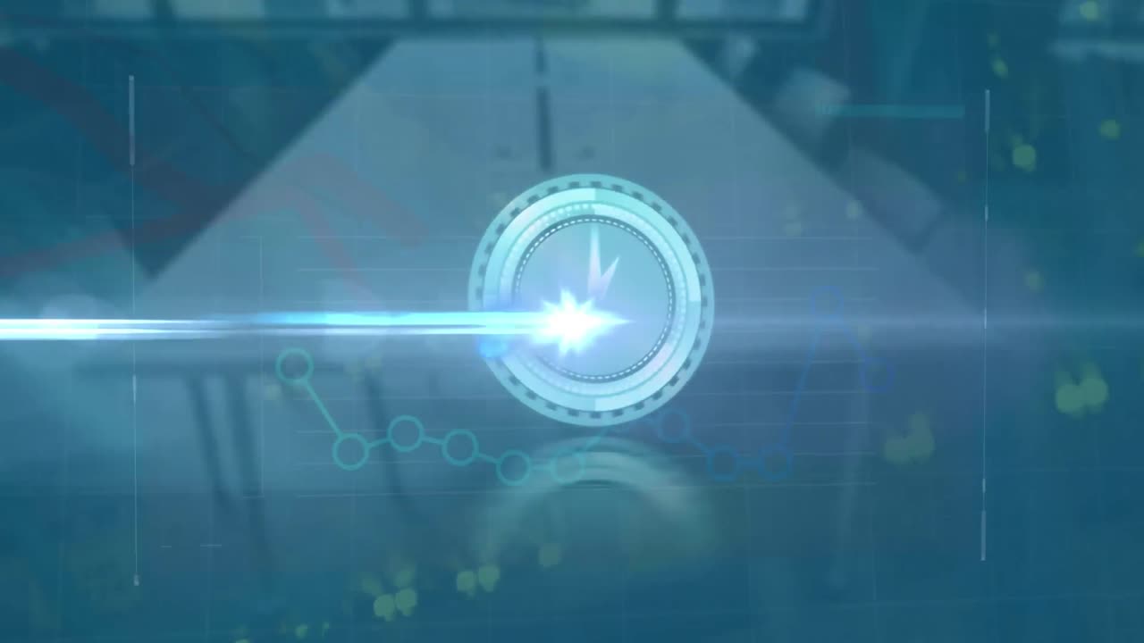 Animation of moving clock and financial data processing over empty office