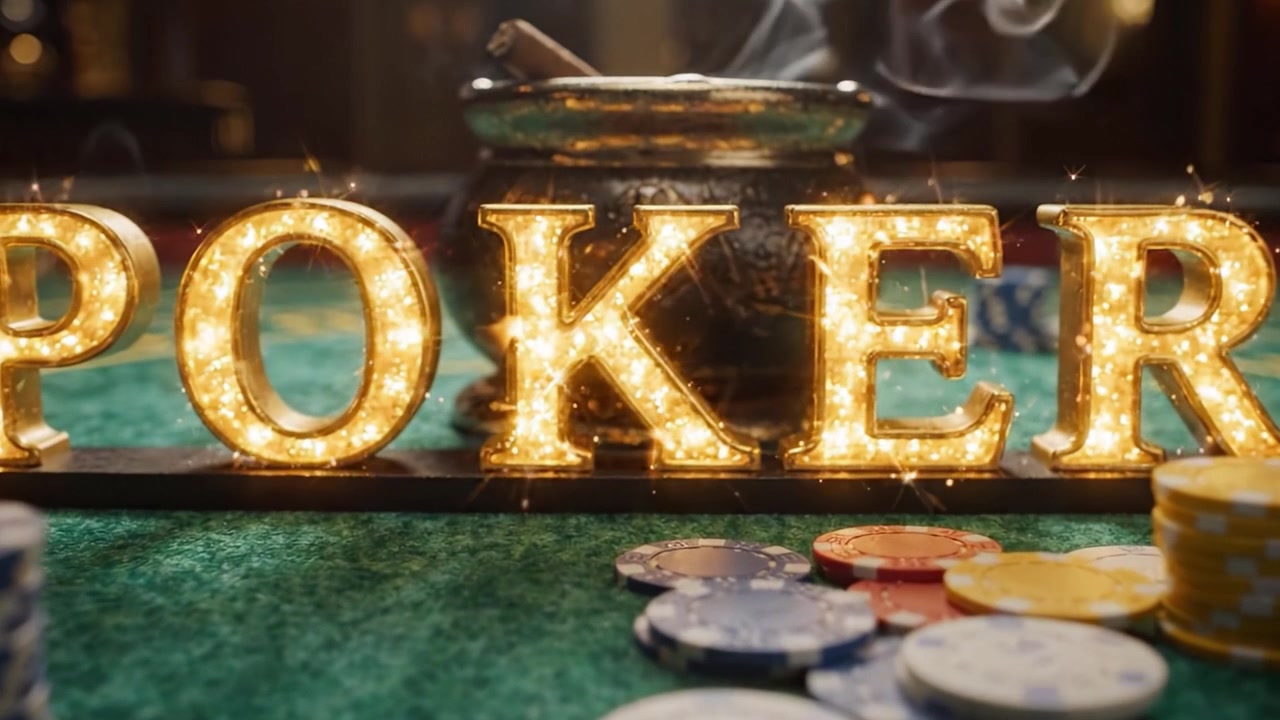 An Intimate Look at a Poker Table Setting Featuring Colorful Chips and a Dazzling Poker Sign Illuminating the Scene with an Air of Excitement and Anticipation for Card Players
