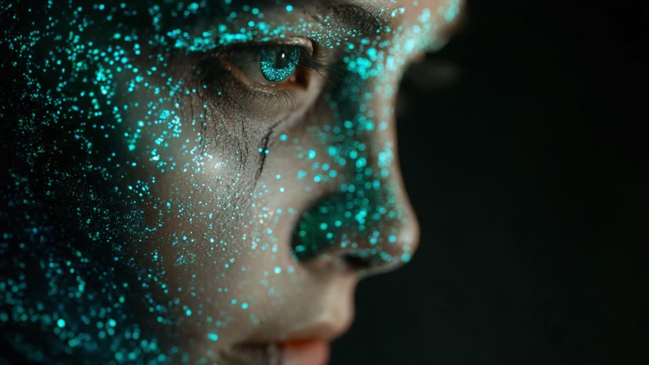 Primissimo piano del viso di una bellissima donna, coperto di pittura glitterata ultravioletta brillante, con luci e ombre che si muovono con grazia sui suoi lineamenti in un'ambientazione scura e suggestiva.