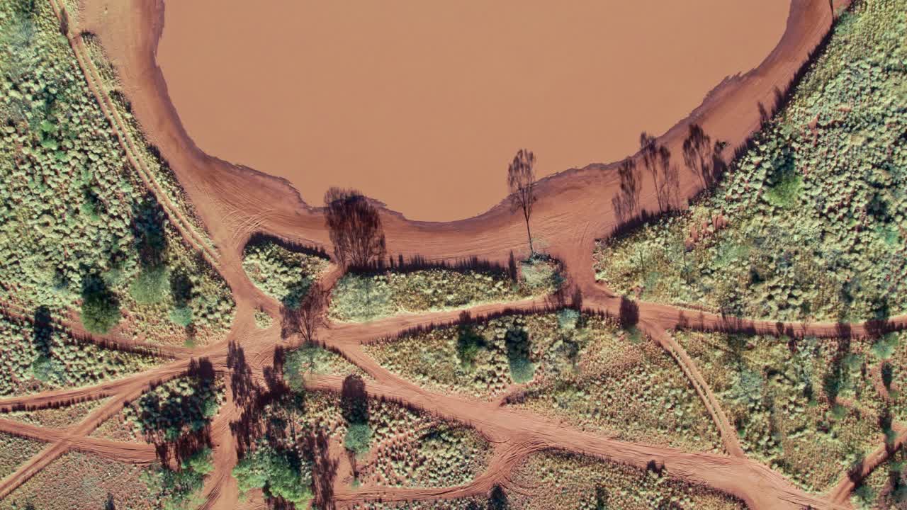 Verticl drone footage of one of the Ilparpa claypans, near Roe Creek, in the Northern Territory, Australia. August 2022.