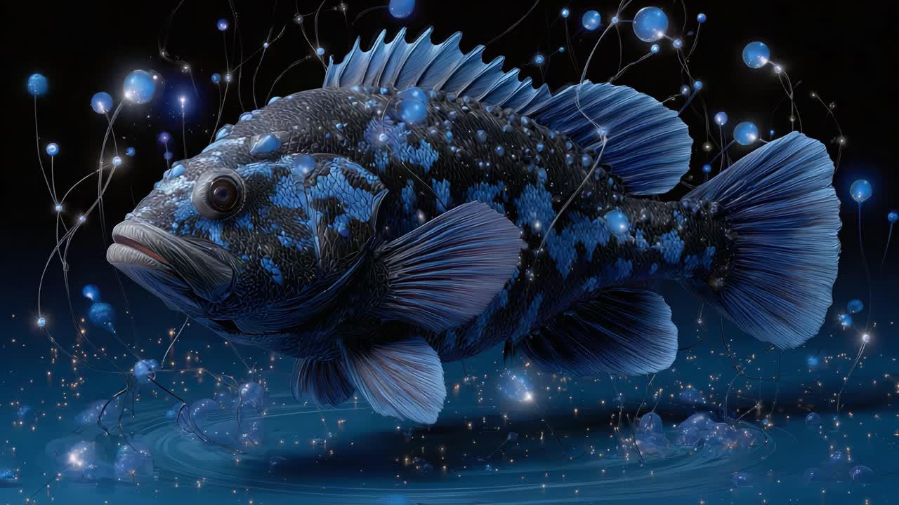 A Stunning Blue Fish Surrounded by Enchanting Bubbles and Sparkling Lights, Capturing the Delicate Beauty of Underwater Life in Vivid Detail