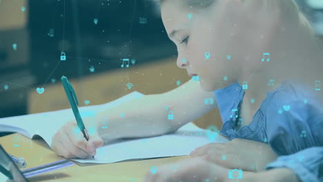 writing at desk, child in school surrounded by digital animation icons