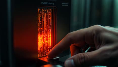 person using a futuristic touchscreen in a dim room