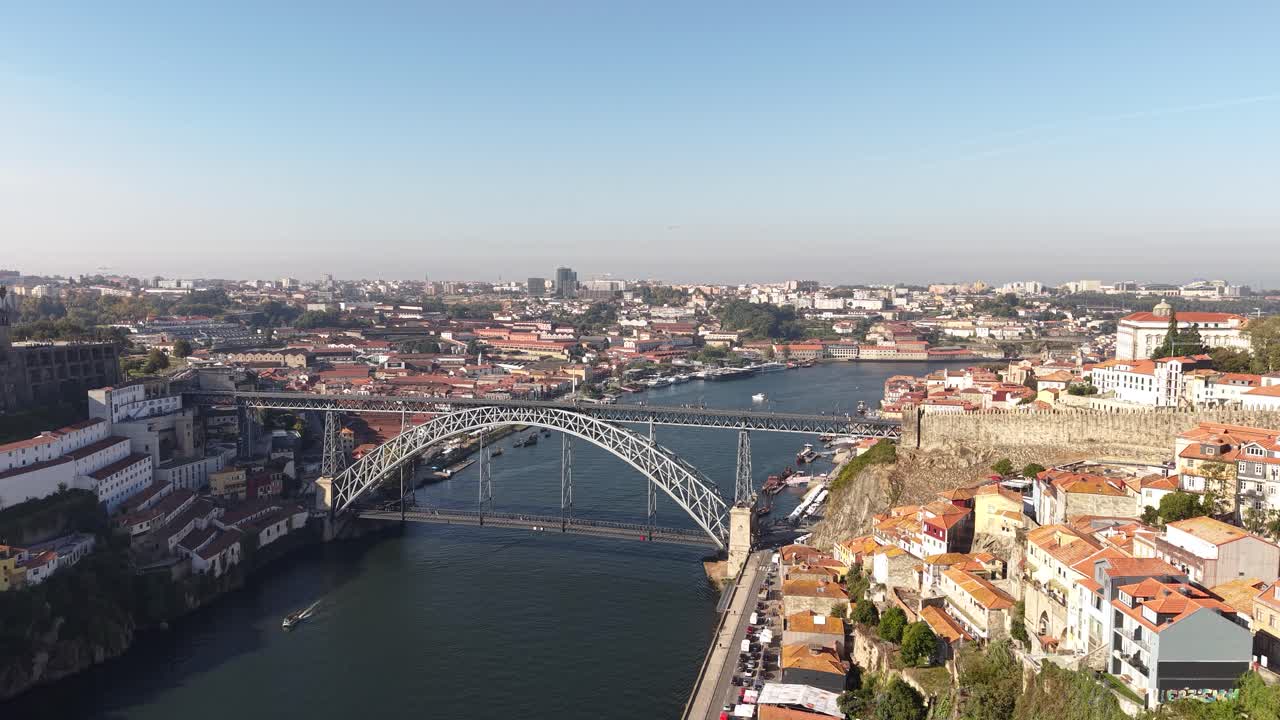 Aerial View of Porto, Portugal on Sunny Morning, Dom Luis I Bridge and Douro River
