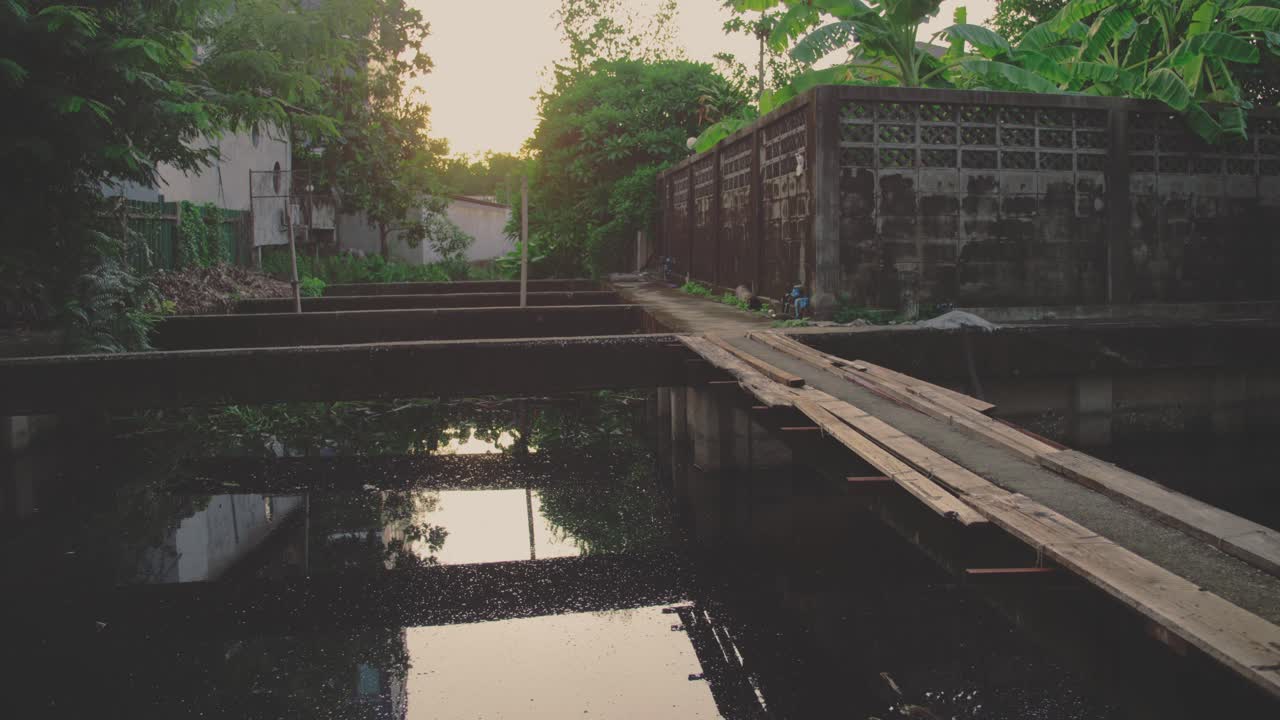 Golden hour sunlight shimmering on the water surface of a fish farm canal in Bangkok, Thailand, creating a tranquil and serene atmosphere