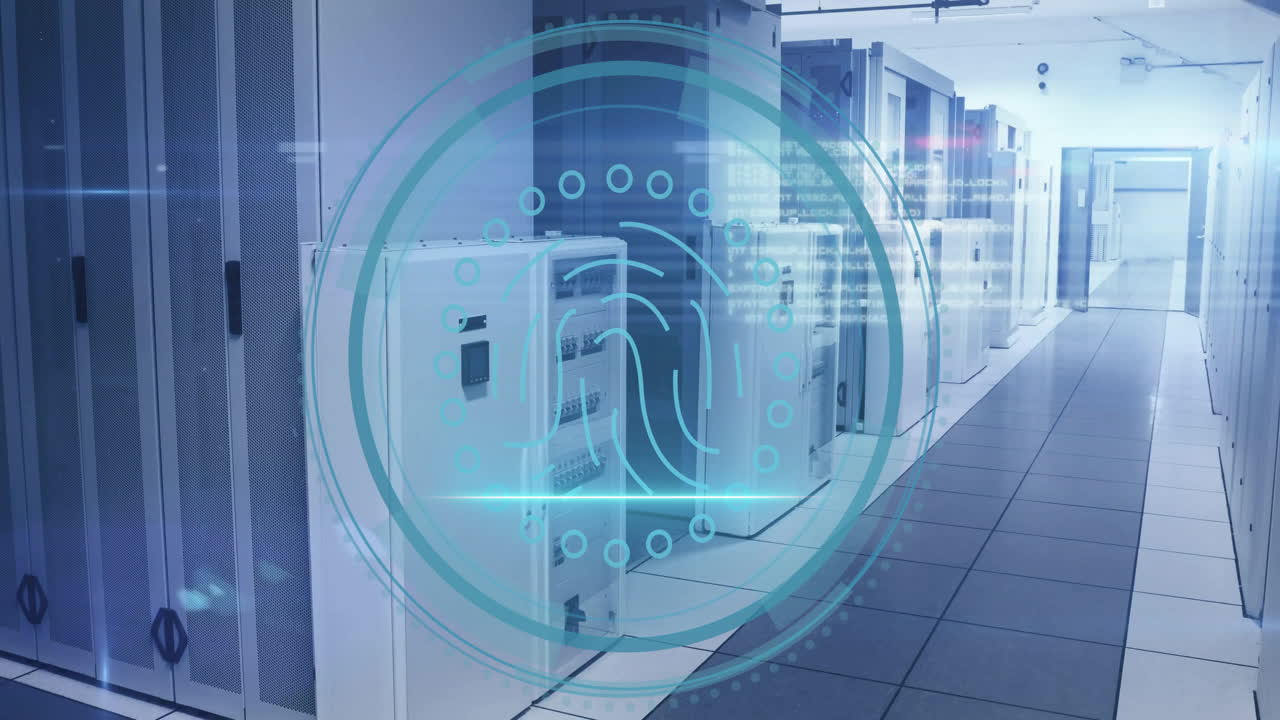 Animation of cyber security text and digital data processing over computer servers