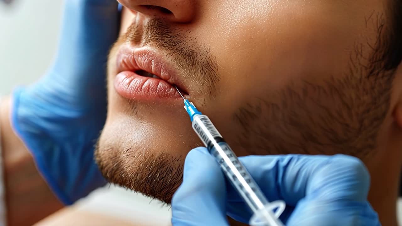 Man receiving lip injection for cosmetic purposes