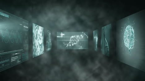 animación del procesamiento de datos biológicos en un túnel hecho de pantallas sobre fondo negro
