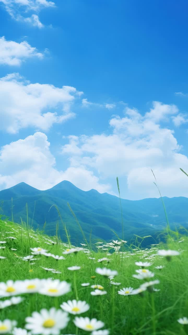 Wide-angle shot of a serene landscape with mountains and a flower-filled meadow under a blue sky