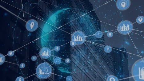 global network and data analytics animation over city buildings at night