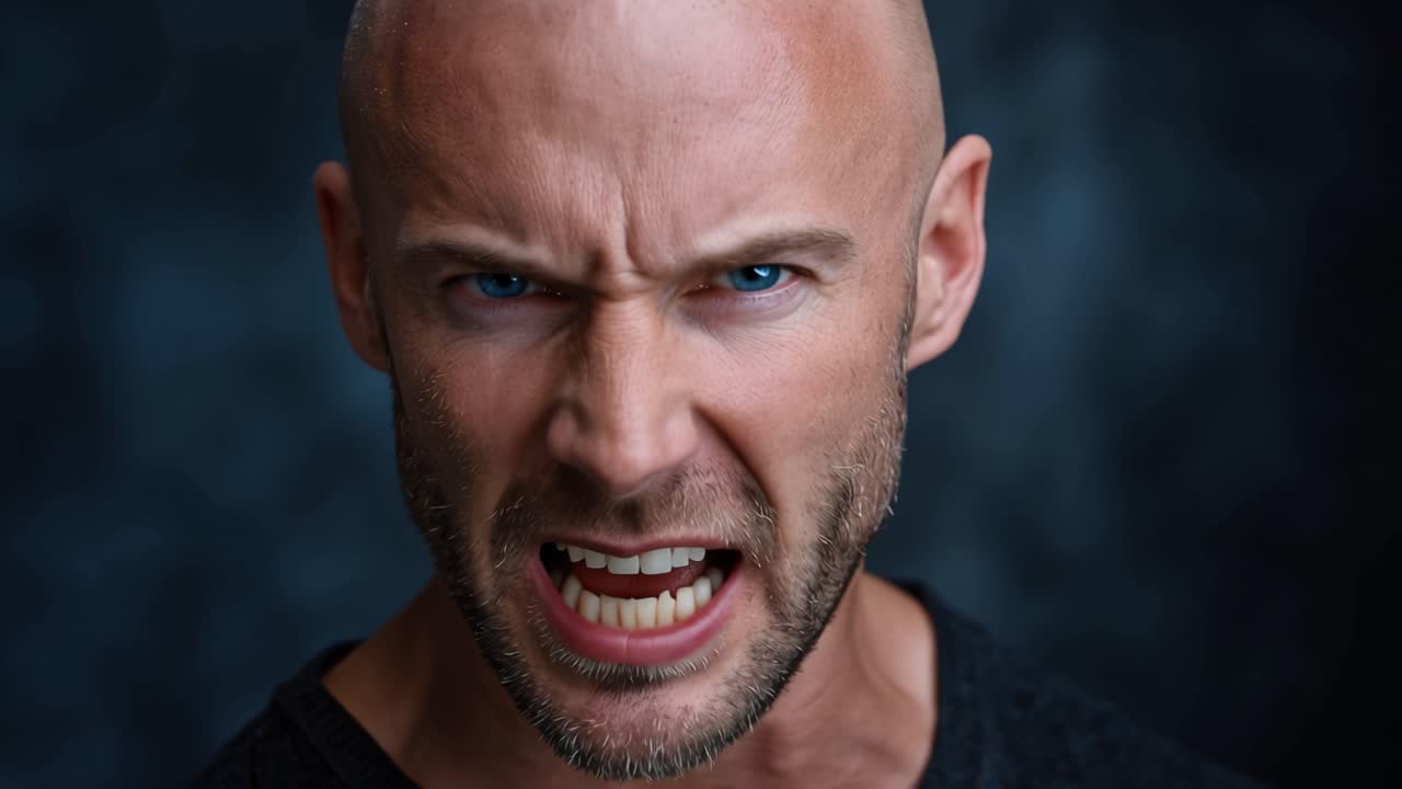 An Intense Man Emitting Anger and Determination Captured in Close-up Frames Showcasing His Fierce Expression and Strong Features Against a Dark Background