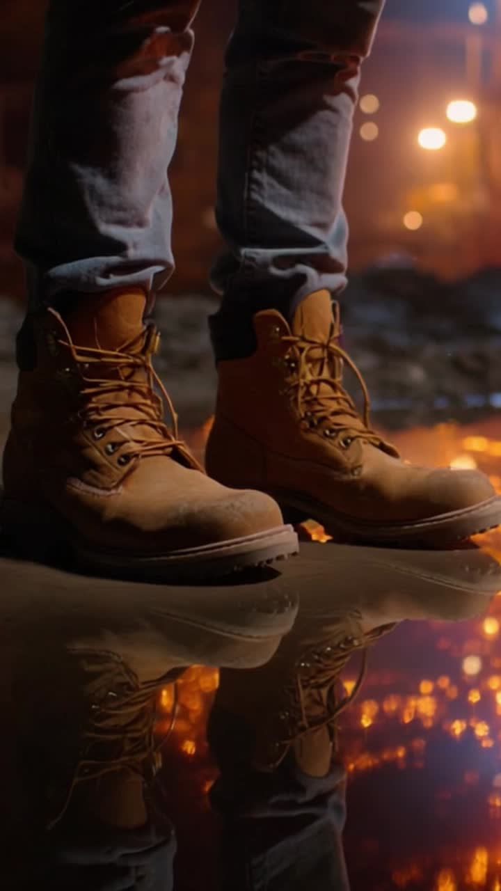 A close-up view of rugged boots reflected in water amidst a blurred, atmospheric backdrop, highlighting their durability and the surrounding environment's ambiance