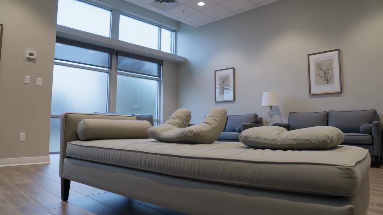 Camera pulling back showing gray daybed with U-shaped cushion, bolster and sofa by windows