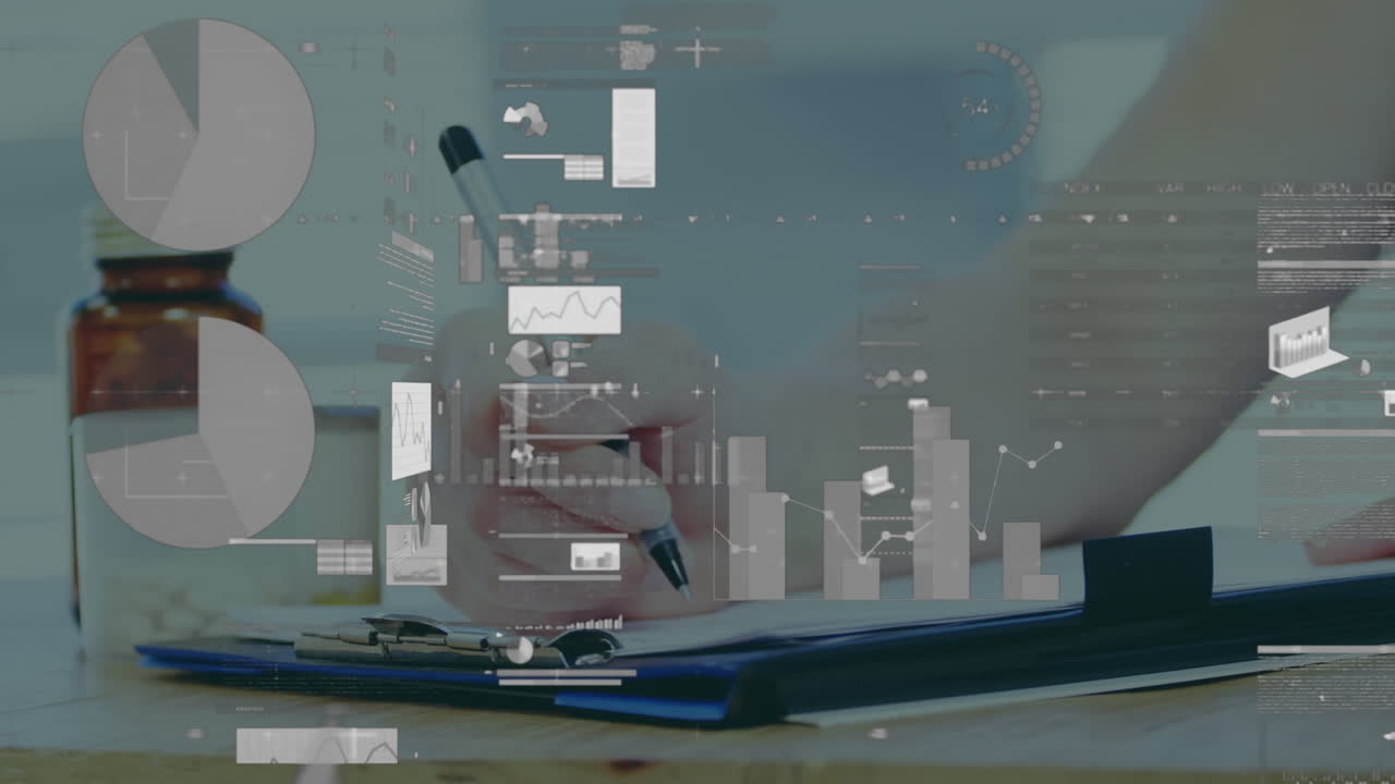 다중 그래프의 애니메이션과 노트 패드에 글을 쓰는 백인 소녀의 중간 부분에 대한 거래 보드