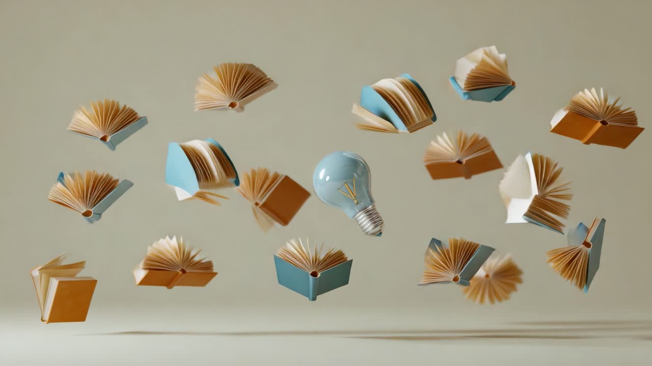 A Surreal Scene of Floating Books and a Light Bulb, Symbolizing Knowledge and Inspiration in a Creative Imagination Space, Capturing the Essence of Learning and Discovery