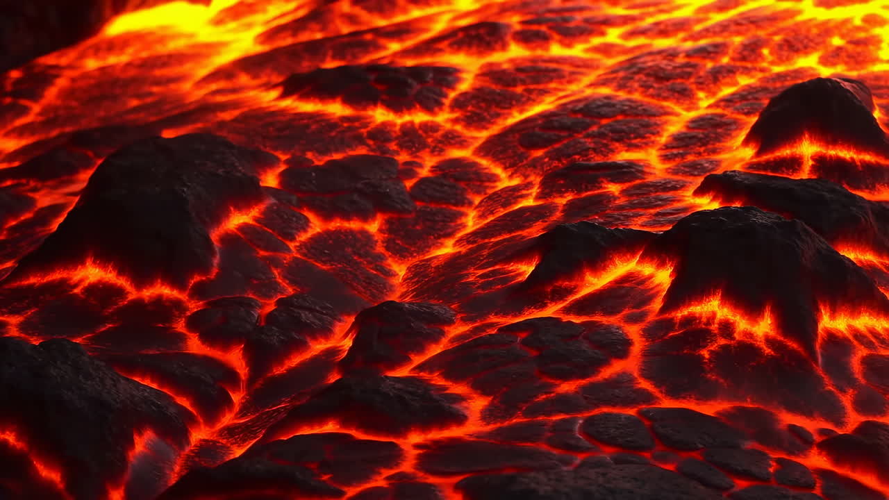 Lava fusa che scorre e si raffredda con crepe incandescenti.