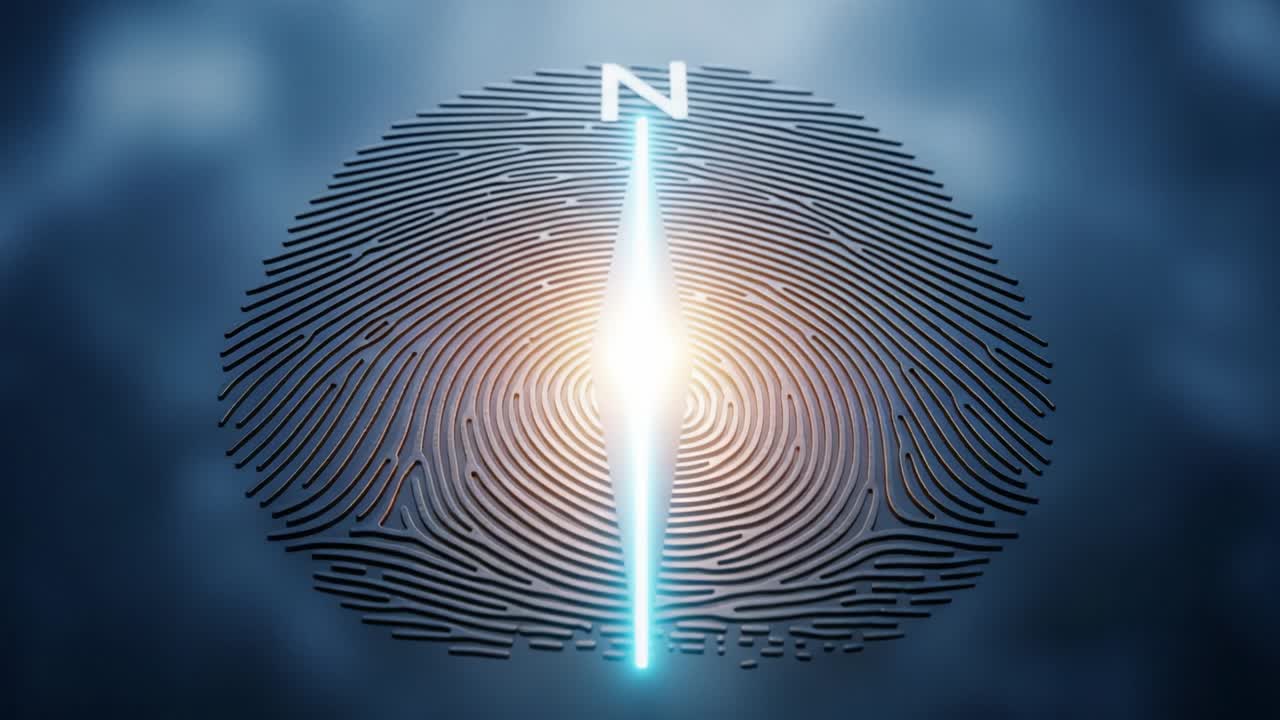 A Stunning Visualization of a Compass Within a Unique Fingerprint Pattern, Emphasizing Direction and Identity through Artistic Design and Bright Illumination