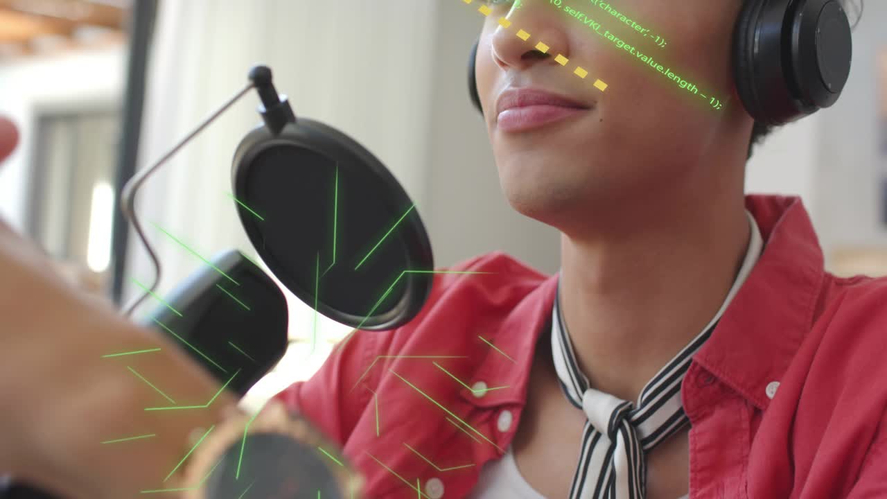 Tech adjusting mic and pop, starting podcast while host speaking, green overlays crossing face