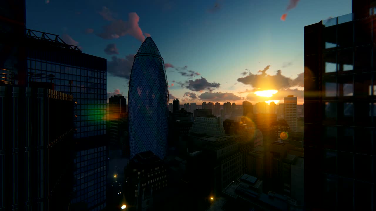 londres puesta de sol sobre el pepinillo, sede suiza de reaseguros, vuelo de drones, boceto a rgb 4k