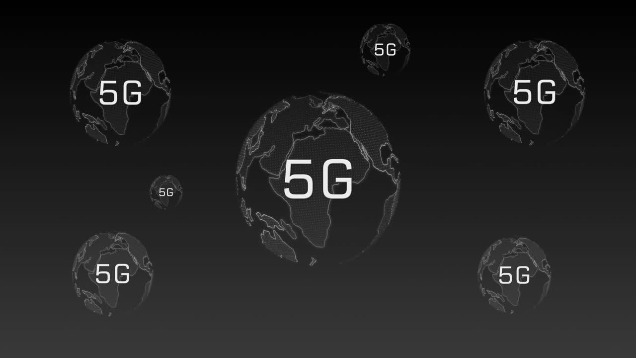 animación de globos giratorios y 5g en fondo negro