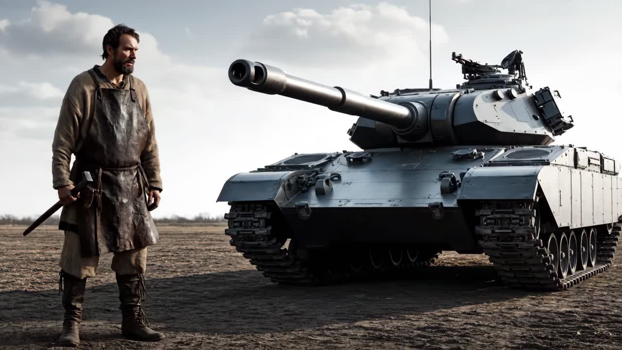 A Viking and a Tank in a Field