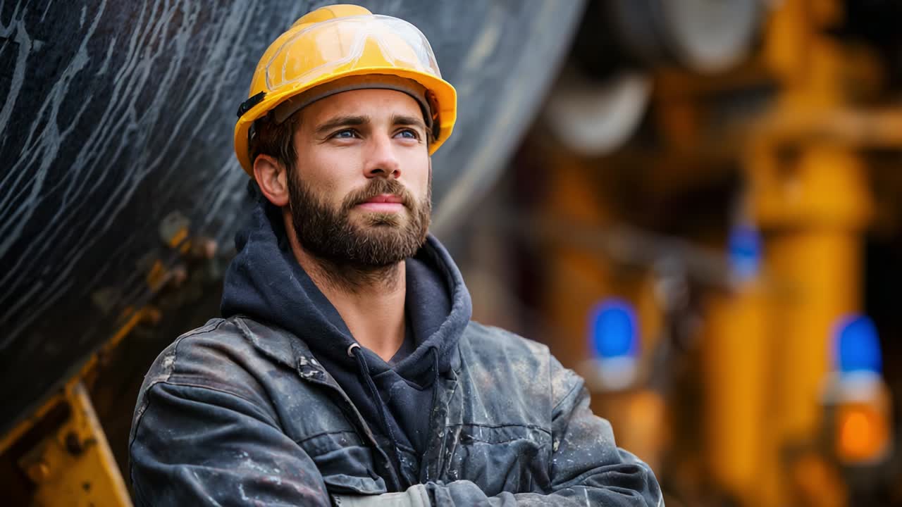 A focused construction worker wearing a hard hat and safety goggles gazes thoughtfully into the distance while standing amidst heavy machinery, embodying a dedication to safety and professionalism in the industry