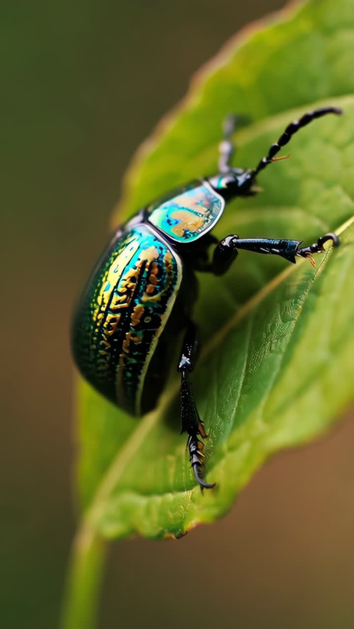escarabajo metálico colorido en una hoja