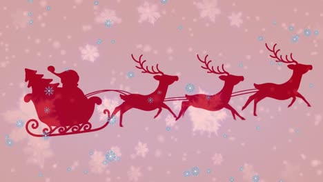 Animation-of-santa-claus-in-sleigh-with-reindeer-moving-over-falling-snow
