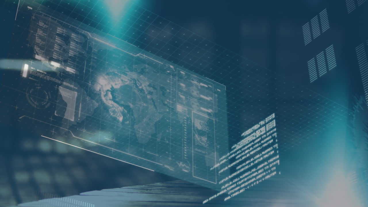 Animation of interface with data processing and light spots against blue background