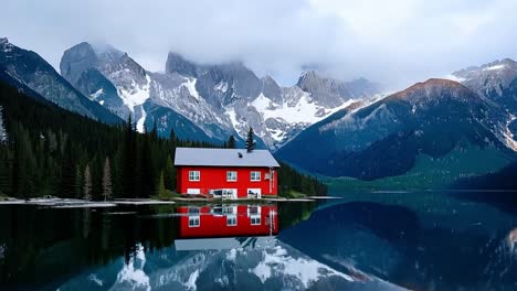 red cabin on a lake with mountain views