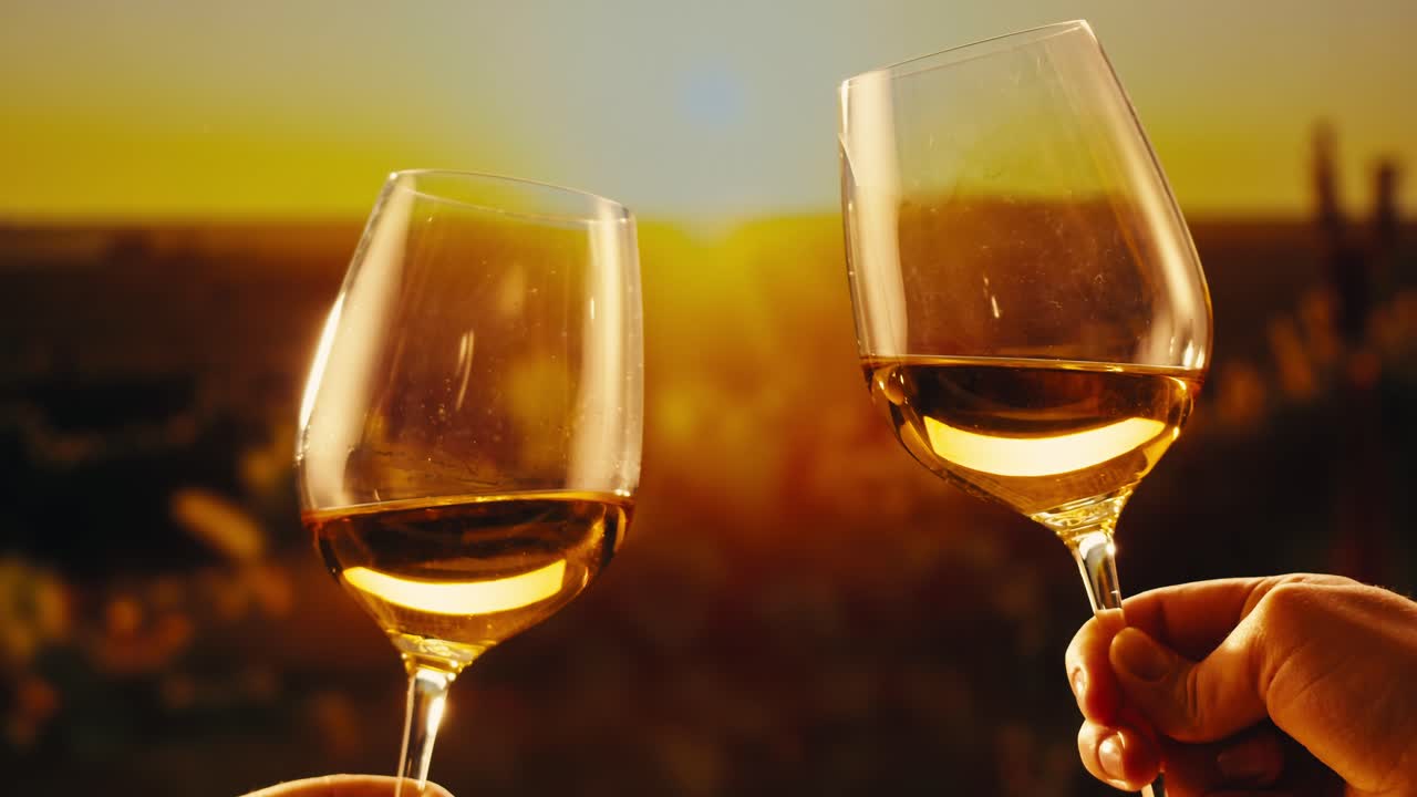 Orange or white wine bottle and glass against a sunset in a peaceful vineyard, pouring of ecological natural wine.