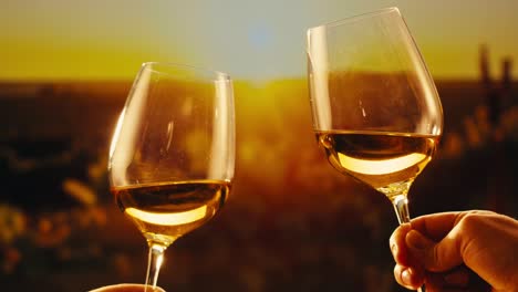 orange or white wine bottle and glass against a sunset in a peaceful vineyard, pouring of ecological natural wine.