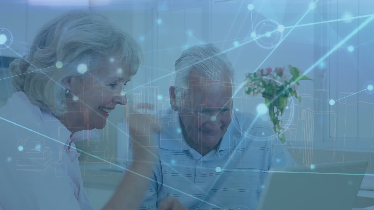 animación de la red de conexiones con la ciudad digital sobre la pareja caucásica mayor
