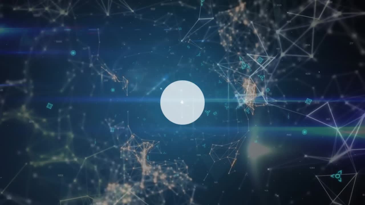 Animation of network of profile icons, network of connections and light trails on blue background