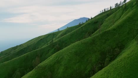 drone footage reveals the rolling green hills of trunyan at sunrise as golden light spreads across the landscape with mount agung standing tall in the background under a clear tropical sky.