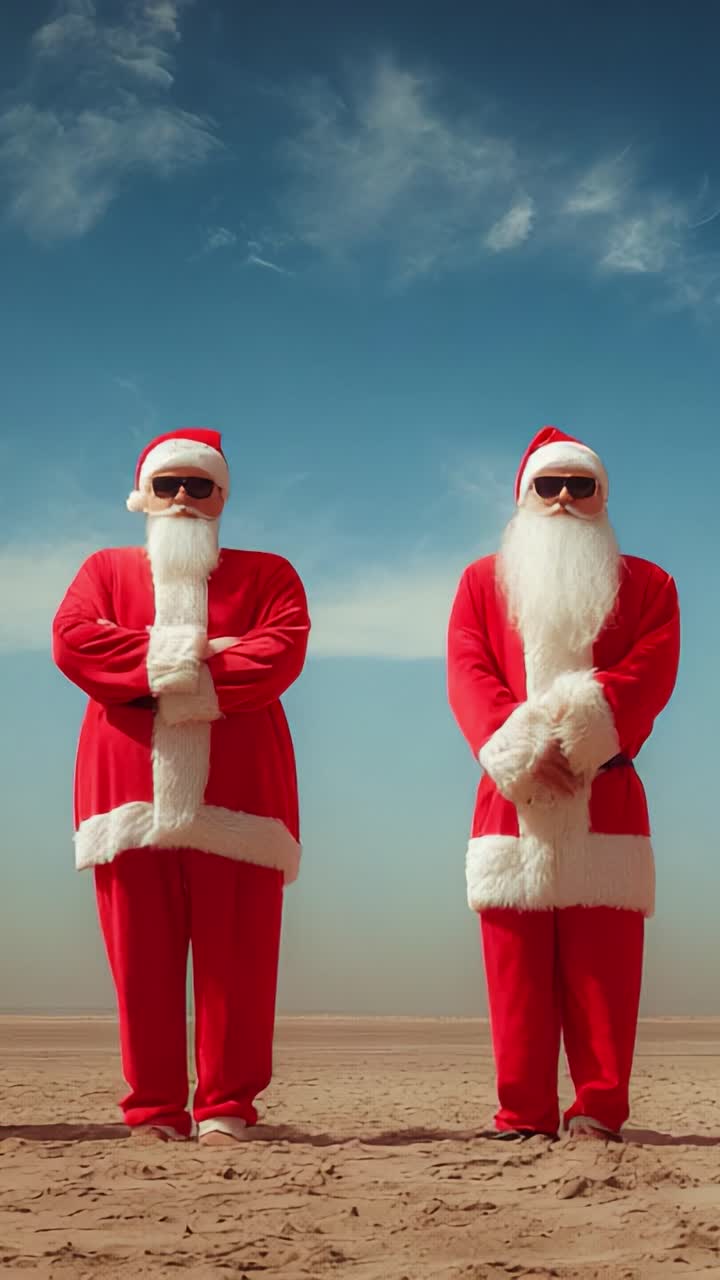 Two Festively Attired Santa Clauses Stand Side by Side in Front of a Clear Blue Sky, Exuding a Unique Blend of Classic Holiday Cheer and Modern Fashion with Their Sunglasses and Red Costumes