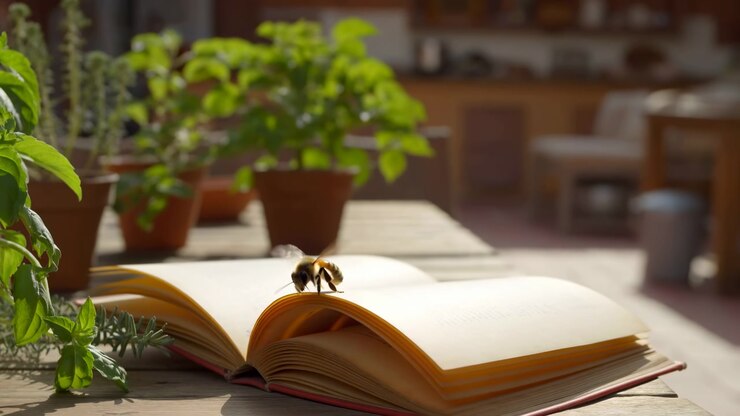 Libro rilegato aperto su un tavolo di legno in un giardino interno illuminato dal sole, una piccola ape che riposa su una pagina vicino a erbe in vaso e piante a foglia, sfocatura morbida, toni caldi, una scena di vita tranquilla con ape, libro, pagina e riposo.